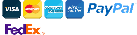 Visa, Master Card, American Express, Wire Transfer, Pay Pal, Fedex